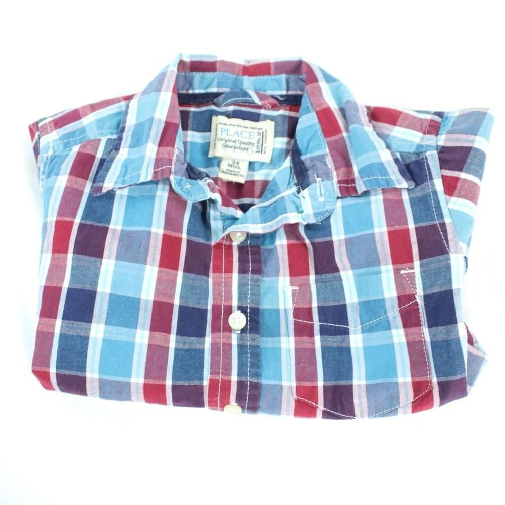 Children's Place Blue &‎ Red Flannel Short Sleeve Button Up Shirt Boys Size 24mo